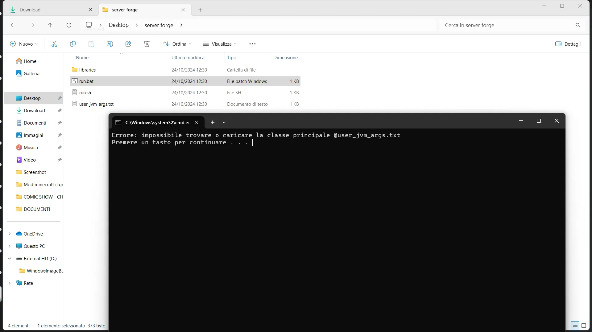 quando creo un server forge apro il file run. bat ,a ,o da questo problema
